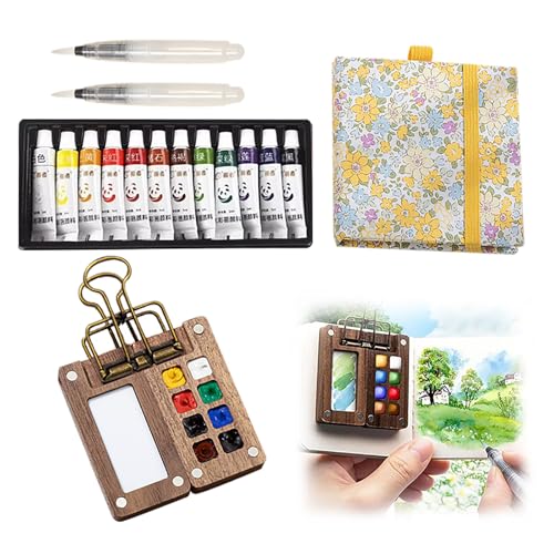 5 Pcs Mini Watercolour Paint Set Travel - 8 Grids Pocket Watercolor Palette, Portable Painting Set with Lid Foldable Wooden Palette Watercolor Pen Sketchbook Metal Clip for Painting Lovers Artists