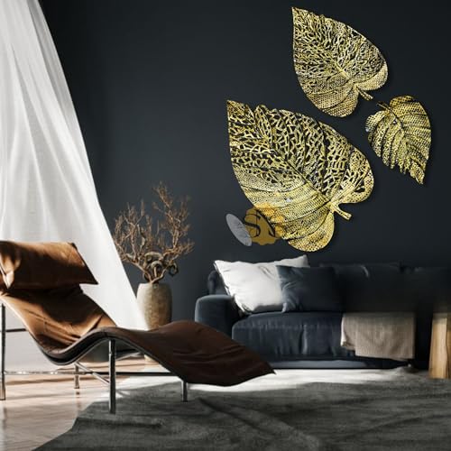 Image of SNS Decor Metal Leaf Set of 3 (Color- Brass Antique) Wall Art Decorations | Modern Luxury Metal Wall Art Decor For Home, Restaurant, Hotel & Office (Design-092)