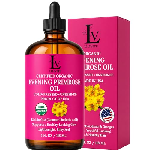 Evening Primrose Oil 100% Pure Cold-Pressed & Unrefined Organic Evening Primrose Oil Rich in Natural Fatty Acids & Antioxidants for Skin Hair Massage & Carrier Oil 4 fl oz Glass Bottle