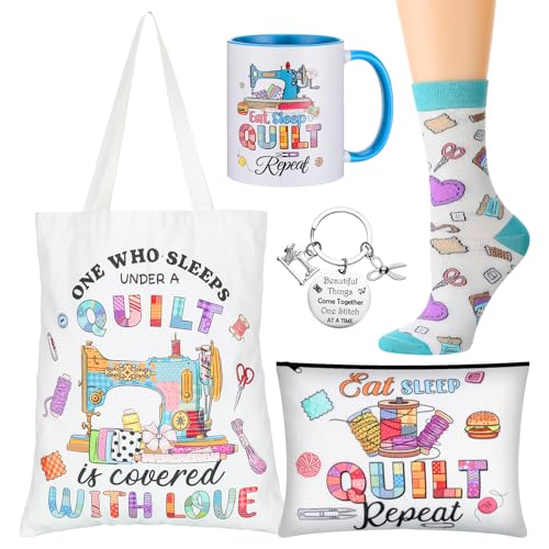 Abbylike 5 Pcs Sewing Gifts for Seamstress Women Gifts Canvas Bag Cosmetic Bag Quilting Coffee Mug Socks 11 oz Cup Quilter Keychain Funny Presents for Mom Quilters Sewing Lovers (Multicolor,Stylish)