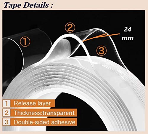 TJIKKO Nano Suction Double-sided Grip Tape 25 mm width 3 meter length, Heavy Duty - Multipurpose Removable Traceless Mounting Tape (Reusable, Washable, Transparent) (Pack of 1)