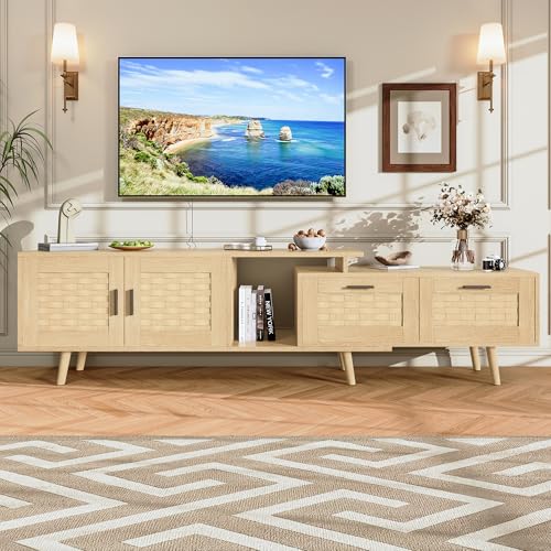 Aneutr - Mueble TV de 180 cm de longitud, mueble de TV de madera con 2 cajones de ratán y 2 puertas, banco de TV extensible 146-180 cm, mueble de TV para TV, mueble Tele para sala de estar y