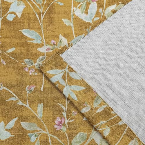 Image of Chyhomenyc Light Filtering 84 Inch Window Curtains - Linen Blend Floral Printed Curtains Drapes for Living Room, Soft Farmhouse Curtain for Bedroom, 52Wx84L Inch, 2 Panels, Gold