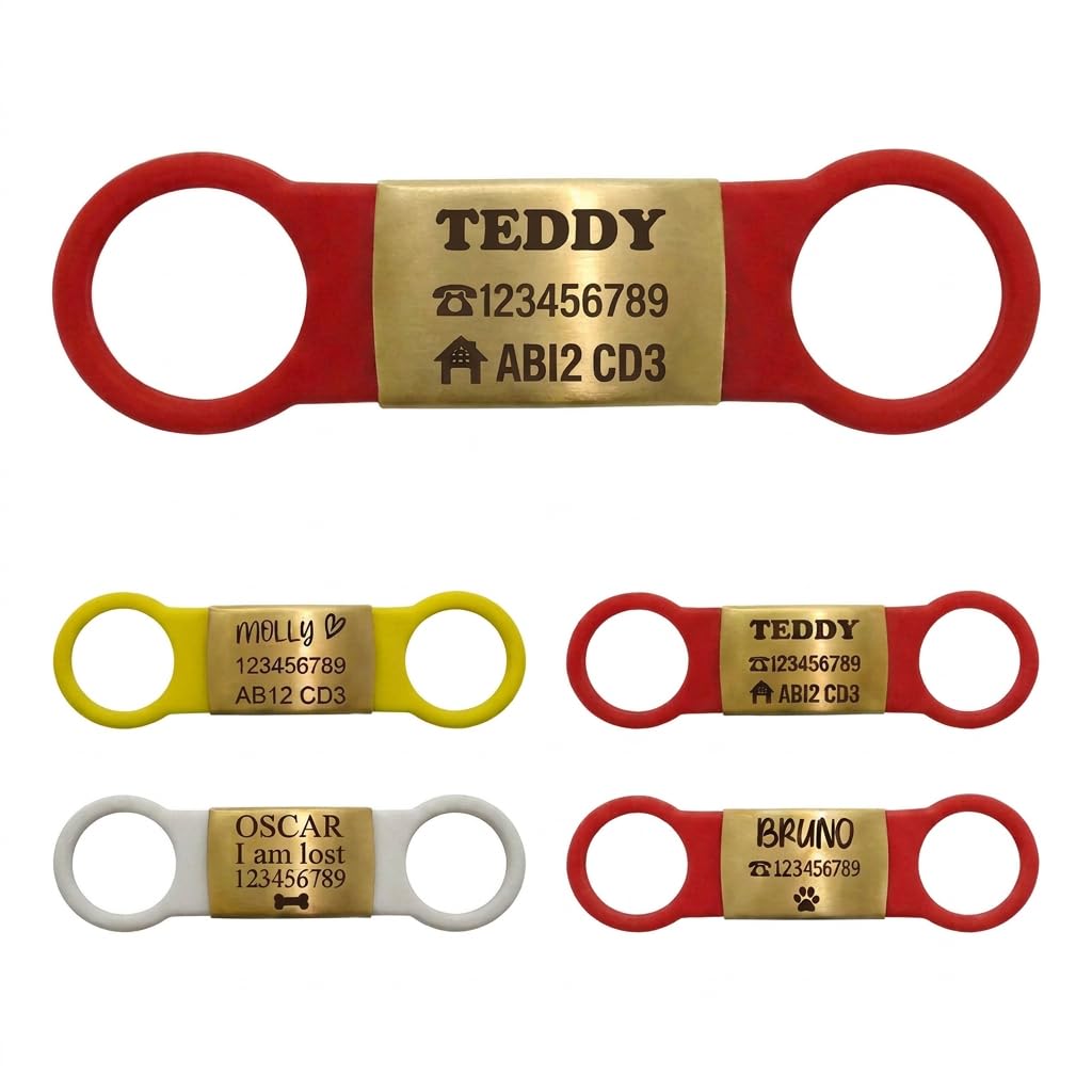 SUCRE Slide On Dog ID Tag Silicone Personalised Laser Engraved Pet Name Tag (Gold Red Silicon, (L-(2.5cm-5.5cm))