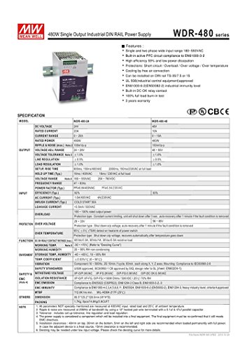 MEAN WELL WDR-480-48 480W 10A 48V fuente industrial para riel DIN miniatura 2