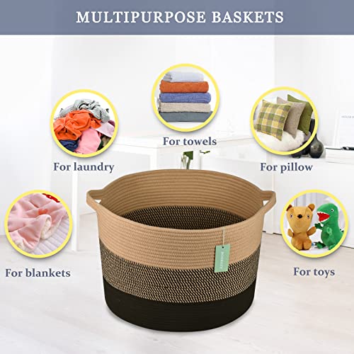 Image of Large Cotton Rope Blanket Basket, 87L Laundry Hamper, Brown & Black