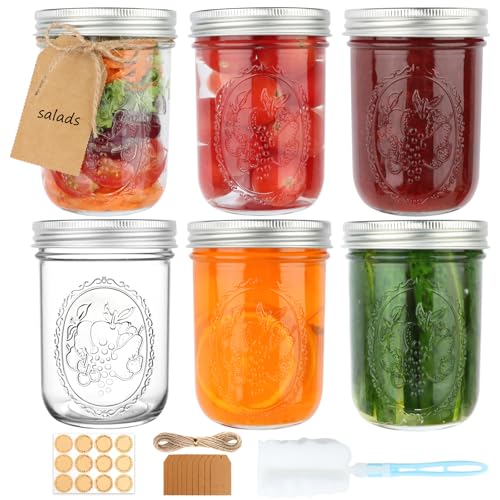 PINIWON Wide Mouth Mason Jars 16 oz with Lids, 6 Pack Pint Canning Jars