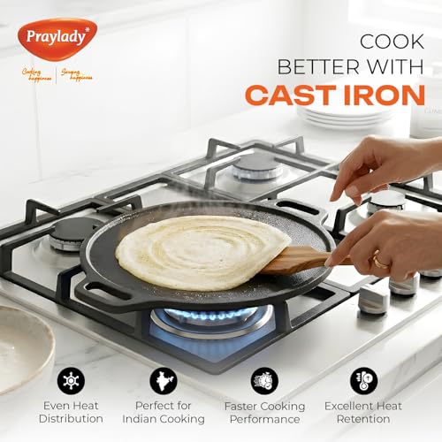 Image of Praylady Cast Iron 2-in-1 Dosa Tawa & Griddle Pan | 30 CM | Pre-Seasoned | Dual Sided Pan for Dosa, Roti, Tofu, Grilling & Searing | No Synthetic Coating | Toxin-Free | Gas & Induction Compatible