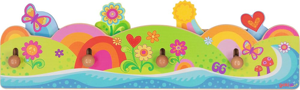 goki 60653 - garderoba Flower Power – goki66 dziecięca garderoba z 4 haczykami na ubrania i wesołymi kolorowymi motywami pop-up, wykonana z drewna, listwa garderobiana dla dzieci z funkcją