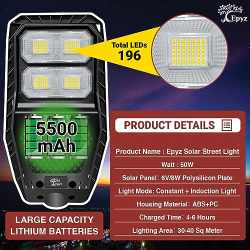 Image of Epyz Plastic 50Watt Solar Street Light Outdoor Waterproof With Motion Sensor Light And Dusk To Dawn For Garden, Street, Lawn, Pathway [ With Out Pole ] [ Pack Of 1, Warm Yellow, 196LED ]