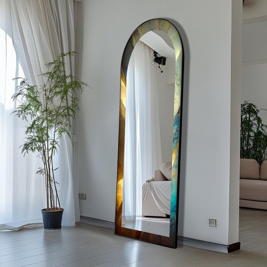 Specchio da pavimento con sfumatura marmorizzata Sunrise Gradient, 50,8 cm x 160 cm (larghezza x altezza), specchio da pavimento ad arco con cornice nera con cornice nera