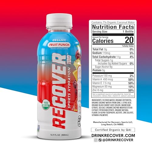 RECOVER 180 Organic Sports Hydration Drink, No Sugar Added, 20 Calorie Sports Beverage, Organic Flavors With Vitamins, Potassium-Packed Electrolytes (16.9 Fl Oz (Pack of 12), Variety Pack)