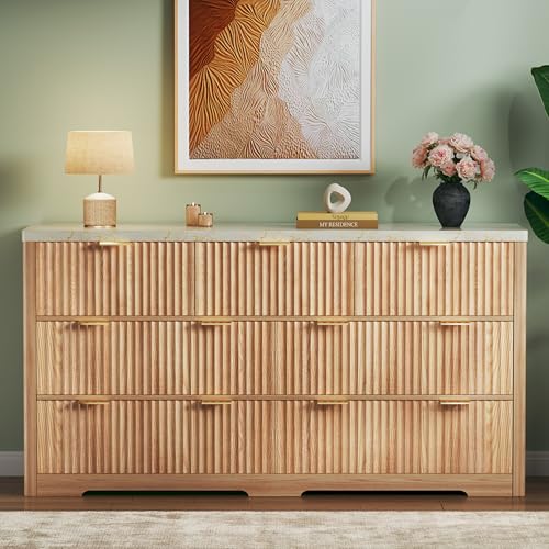 Image of Fluted Dresser for Bedroom with 7 Drawers, 53 inch Wide Mid Century Modern Dressers with Faux Marble Top & Metal Handle, Wooden Chest of Drawers TV Stand, Natural Wood Closet Storage Organizer,Natural Oak