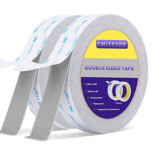 Double Sided Tape Heavy Duty, EMITEVER 2 Mounting Tapes, 2 Rolls,Two Sided Adhesive Tape, Mounting Waterproof Foam Tape,16.4ft X 0.9inch for Car Decor, Office Home Decoration Crafts Walls Scotch