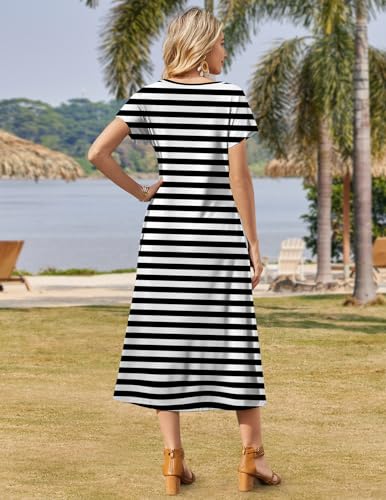 Image of Zeagoo Women Summer Floral Dress Short Sleeve Beach Dress with Pockets Casual V-Neck Split Long T-Shirt Dress Travel Vacation