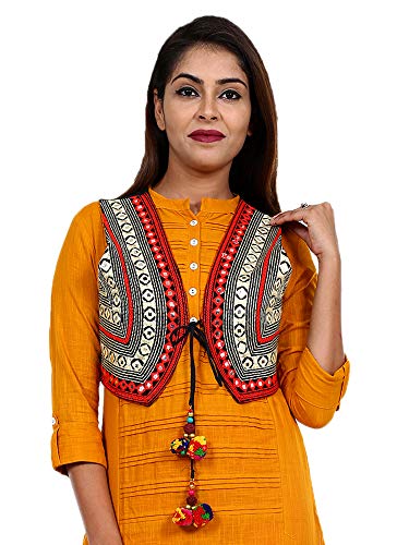 Image of Craft Trade Women's Cotton Embroidered Kutchi Jacket with Tassels Sleeveless Mirror Work