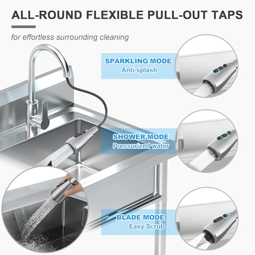 Image of 39 inch Stainless Steel Freestanding Utility Sink with Workbench & Drawer | Workbench Included, Built-In Drawer, Freestanding Design, Stainless Steel, 99 cm Wide