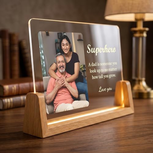 Image of Giftplease Personalized Acrylic LED Photo Frame for Dad | Customized Night LIght with Photo & Message | Warm light Wooden Base Table Lamp | Birthday, Father's Day for Father