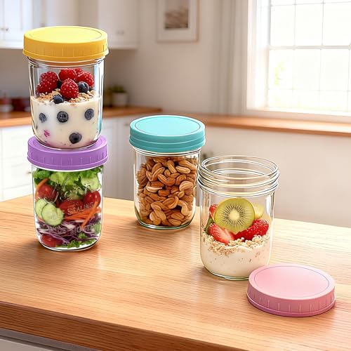 Image of Mason Jars, 16 oz Overnight Oats Containers with Lids, Spoons & 2.7 oz Jars | 4 Pack Wide Mouth Glass Mason Jars, Leakproof Overnight Oats Jars, Glass Food Storage Jar for Meal Prep, Yogurt, Chia Pudding