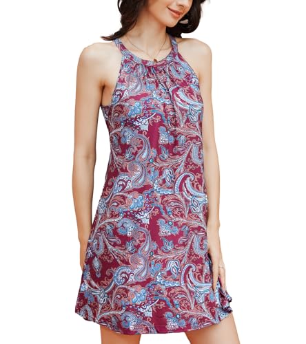 Image of ANYFITTING Summer Dress with Built in Bra Casual Beach Sundress Flowy Halter Mini Short Dresses for Women 2026