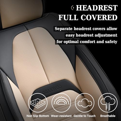 Image of Coverado Waterproof Nappa Leather Car Seat Covers, Automotive Seat Covers,Front Car Seat Cushion & Car Seat Protector, Seat Covers Universal Fit for Most Cars, SUVs,Trucks,Black&Beige