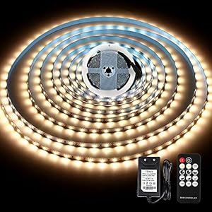 KWODE Bande LED 5 m, lumière blanche chaude, avec télécommande et Alimentation 12V, 3000 K, Auto-Adhésive, Ruban LED pour Télévision, Salon, Armoires de Cuisine