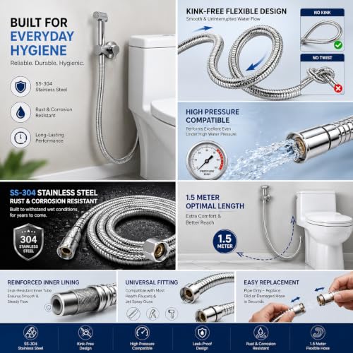 Image of Premium 304 Stainless Steel,Kink-Free, Leak-Proof, High Pressure,Shower Hose extendable, with EPDM Inner Tube, 1.5 Meter, for Hand Showers and Health faucets in high end Luxury bathrooms