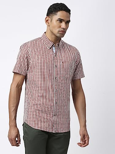 Image of Thomas Scott Men's Checkered Regular Fit 100% Cotton Casual Shirt with Button Down Collar and Half Sleeve