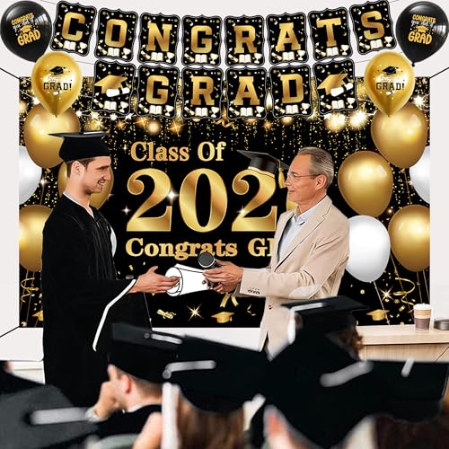 Image of DARUNAXY Black Gold Graduation Party Decorations, Gold Class of 2026 Graduation Banner, 2026 Congrats Grad Honeycomb Hanging Swirl Confetti Balloon Congratulations Graduates Party Supplies(25PC)