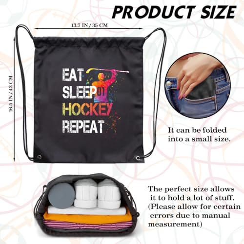 Eat Sleep Hockey Repeat Drawstring Backpack For Men Women, Waterproof Sport Sackpack For Hockey Lover Hockey Fan, Funny Birthday Christmas String Gym Bag Gifts For Her Him2