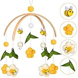 Vegena Carillones de viento para bebé con bolas de fieltro, flores frescas y abejas, móvil de madera para bebé, bebé, niños, niñas, habitación infantil, colgante para cuna, cambiador, decoración