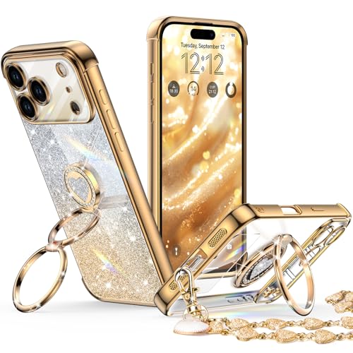 Coque iPhone 2025 Pro transparente pailletée dorée avec support double anneau