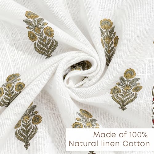 Image of LINENWALAS Decorative Cotton Linen Sheer Curtains 9 Feet for Long Door -Block Printed Door Curtain | Grommet Hanging Style Pack of 2 Panels |Light Filtering Sheer Drapes (Golden Willow)