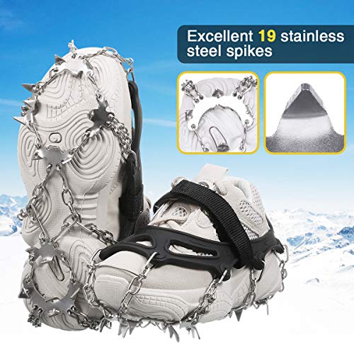 Audew Ice Cleats, Traction Cleats with Anti Slip 19 Stainless Steel Spikes, Winter Crampons Ice Snow Grips for Walking, Jogging, Climbing and Hiking on Snow & Ice (Fit M Size Shoes/Boots)