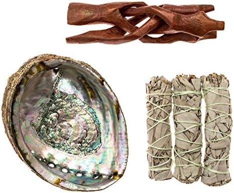 Premium Bundle with 6 Inch or Larger Abalone Shell, Stained Wooden Tripod Stand, and 3 California White Sage Smudge Sticks for Incense Burning, Home Fragrance, Energy Clearing, Yoga, Meditation