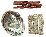 Premium Bundle with 6 Inch or Larger Abalone Shell, Stained Wooden Tripod Stand, and 3 California Wh