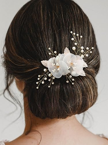 SWEETV Pente de cabelo, grampo de cabelo de flor, acessório de cabeça de princesa pérola, pente de c