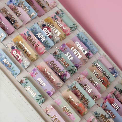 UPAFEXXI-Laminated Planner Monthly Tabs(72 Stickers in Total 24 month 24 Subject 24 Blank) Calendar Monthly Label Stickers for Planners Subject Label Adhesive Tabs for Folders Pages(Floral)