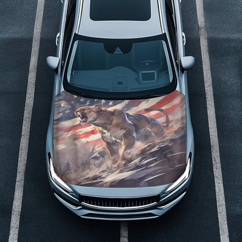 Image of American Flag Leopard Car Hood Cover Stretchable Car Hood Wrap Blankets Waterproof Sun-Proof Auto Exterior Accessories for Most SUV Sedans Trucks (59x39 inches