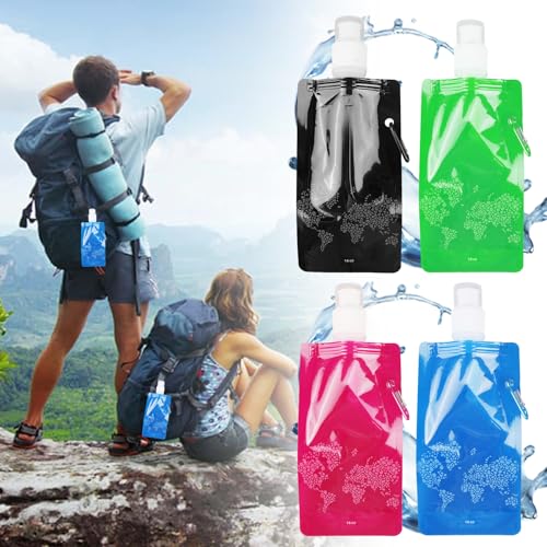 HOSPAOP Faltbare Wasserflasche 500ml Trinkflasche Wiederverwendbar mit Karabiner, Ultraleichte Auslaufsichere Faltflasche, BPA-Frei Wasserflasche für Reisen Wandern Camping Klettern Outdoor, 4 PCS