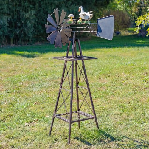 Windmill Spinner with Moving Hand-Painted Animals Scenes on Top, Includes Metal Tower Stand, Decorative Garden Decor (Hatching Duckling)