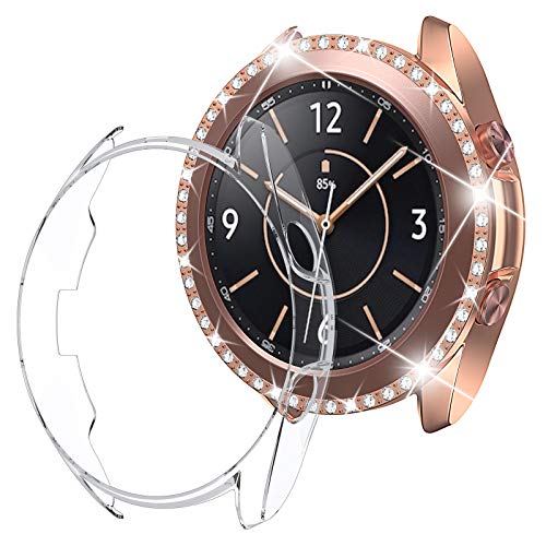 [2Packs] Goton Compatible Galaxy Watch 3 Case Bling 41mm, Women Girl PC Diamond and Soft TPU Watch Bumper Protector Face Case Cover for Samsung Galaxy Watch3 41mm (Bling Rosegold+TPU Clear, 41mm)
