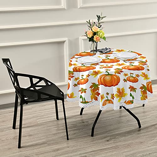 Autumn Pumpkins Fall Leaf Round Tablecloth Thanksgiving Maples Tablecloths Circular Table Cover Cloths Washable Polyester Tabletop Runner for Kitchen Dining Decor 60 Inch - Image 3