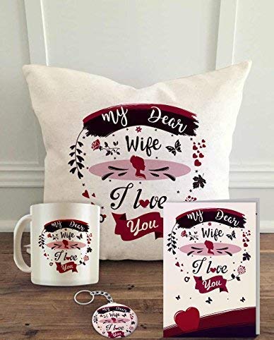 ALDIVO Gift for Wife | Gift for Biwi | Gift for Better Half | My Dear Wife I Love You Printed Combo Gift Pack (12" x 12" Cushion Cover with Filler + Printed Mug + Greeting Card + Printed Key Ring)