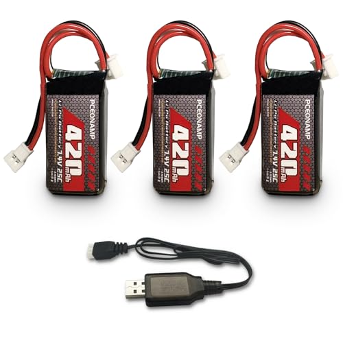 PCEONAMP 2S Lipo Battery 420mAh 7.4V for FCX24 25C with Molex Plug Rechargeable High Capacity RC 7.4V Lipo Battery Fit for 1/24 Scale RC Cars Trucks with 1 USB Charger