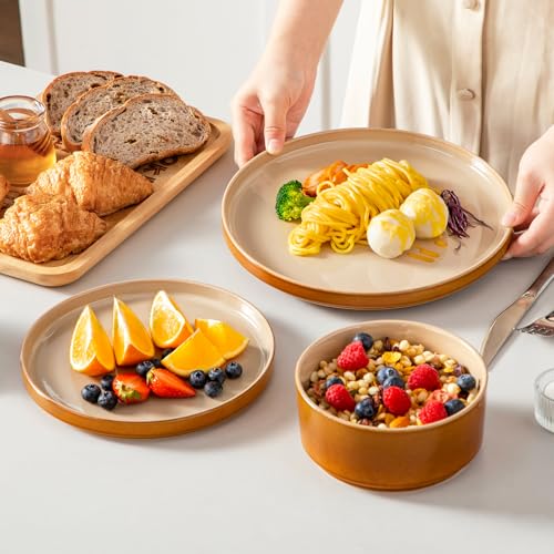 Image of vancasso ONION Ceramic Plates and Bowls Sets, 24 Pieces Brown Dinnerware Sets for Kitchen, Reactive Glaze Dishes Set for 8, Dishwasher and Microwave Safe