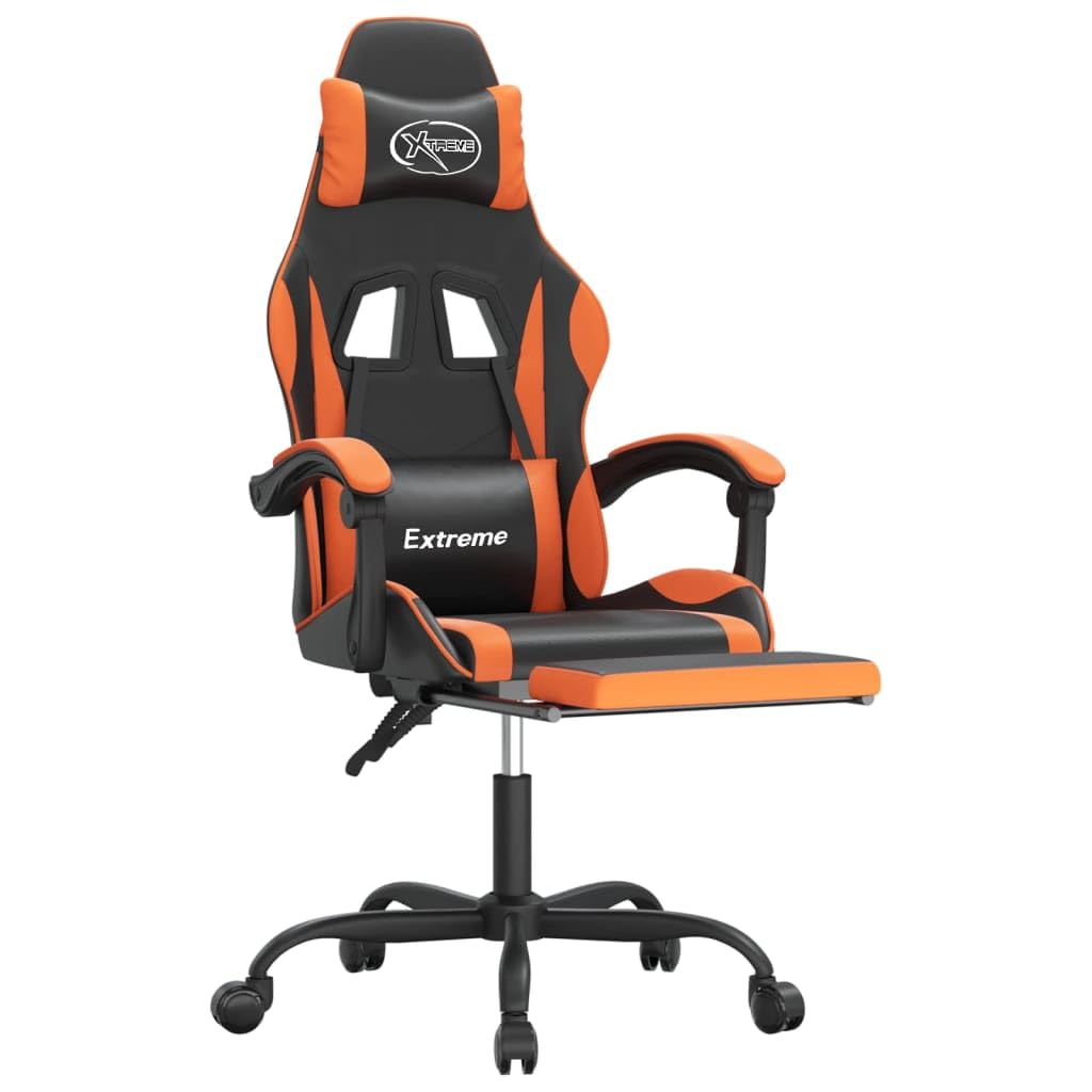 Gaming-Stuhl mit Fußstütze und Rollen, Kunstleder Schwarz Orange, Drehbar mit Höhenverstellung und Wippfunktion, Ergonomischer Bürostuhl für Gamer und Streaming-Sessions