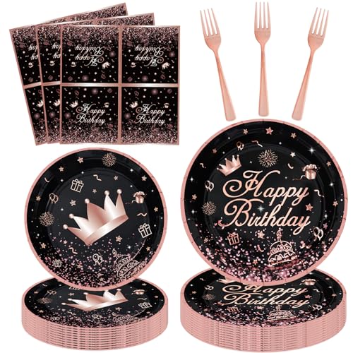 160Pcs Black and Rose Gold Party Decoration Rose Gold & Black Party Supplies Dinnerware Set-Plate, Napkin for Women Girl Birthday decoration