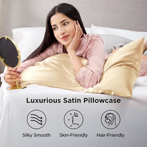 Image of Bedsure King Size Satin Pillowcase Set of 2 - Champagne Gold Silky Pillow Cases for Hair and Skin with Envelope Closure, Similar to Silk Pillow Cases, Gifts for Women Men, 20x36 Inches, 2pcs