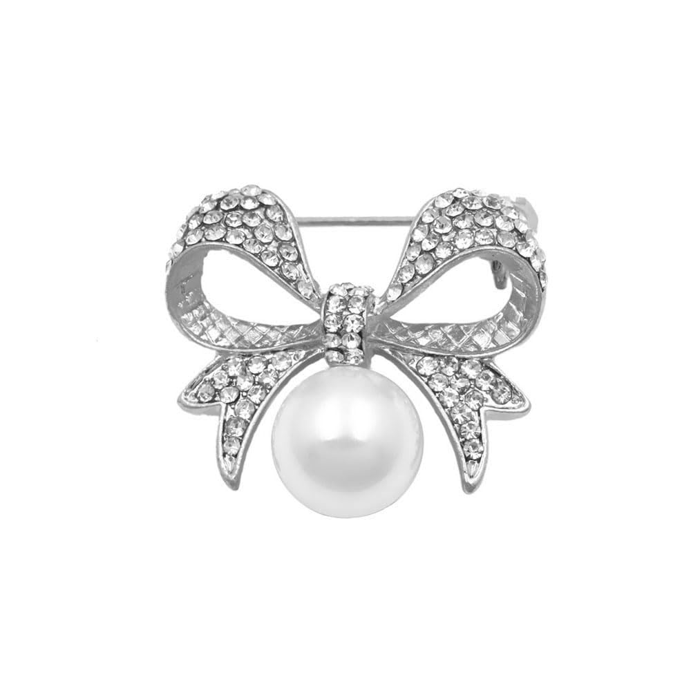 Crystal Bow Brooch Pin White Pearl Bowtie Ribbon Lapel Pin Rhinesonte Bow Knot Badges for Clothing Bag Hat Pants Birthday Christmas Gift